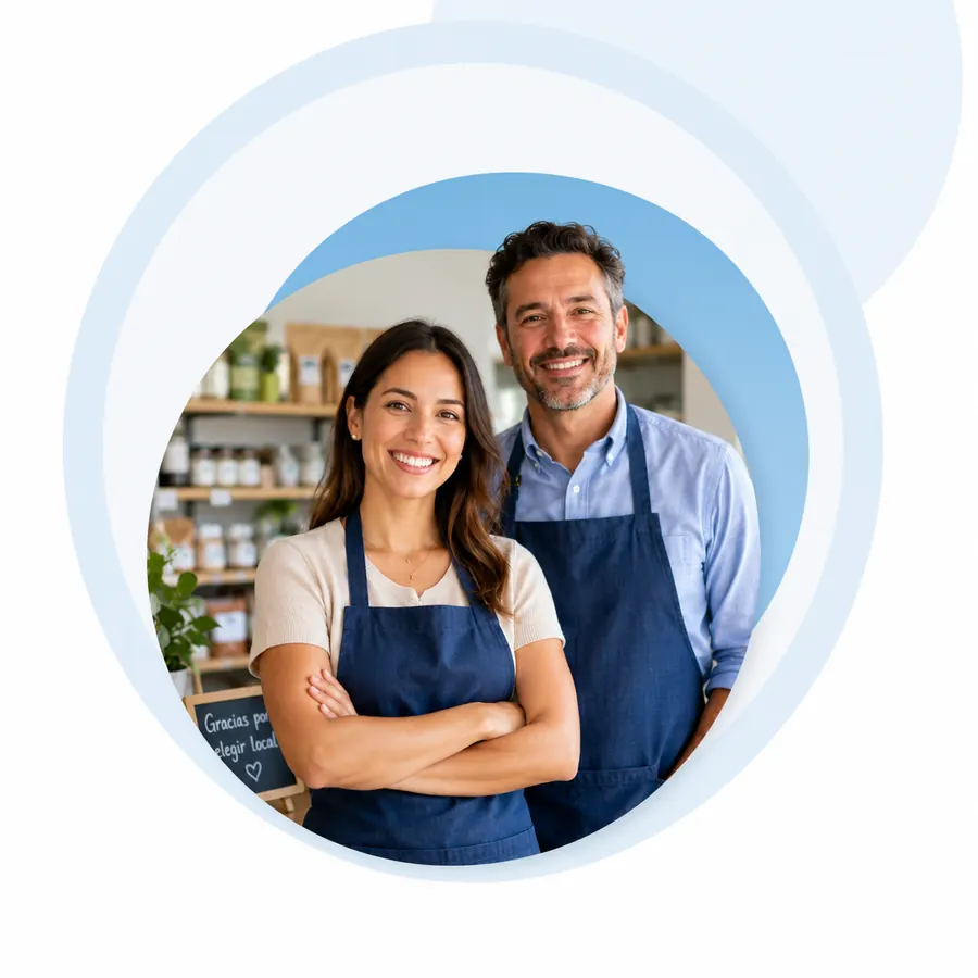 Dueños de comercio sonriendo en su negocio