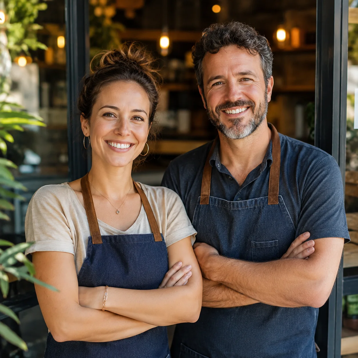 Dueños de comercio felices en la puerta de su local